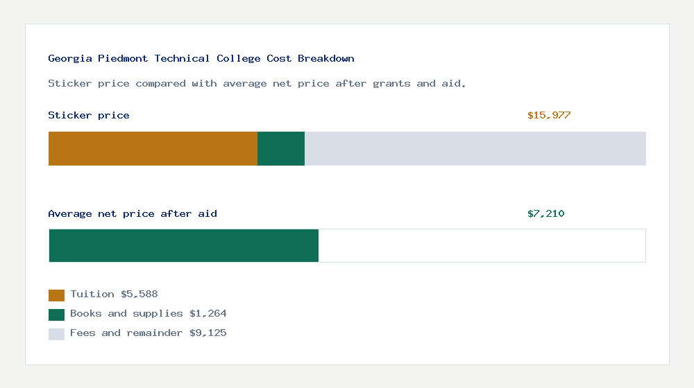 Georgia Piedmont Technical College cost of attendance breakdown - $5,588 tuition vs $7,210 average net price after financial aid