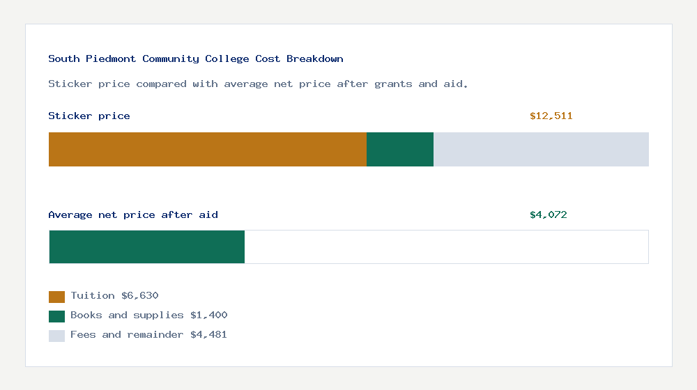 South Piedmont Community College cost of attendance breakdown - $6,630 tuition vs $4,072 average net price after financial aid