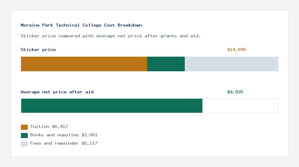Moraine Park Technical College cost of attendance breakdown - $6,917 tuition vs $9,935 average net price after financial aid